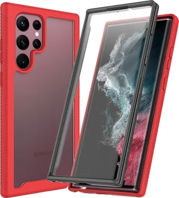 Produktbild von Galaxy S22 Ultra 5G Hülle, TPU Bumper mit Eingebautem Displayschutz 360 Grad Komplettschutz Schutzhülle für Samsung Galaxy S22 Ultra 5G Rot