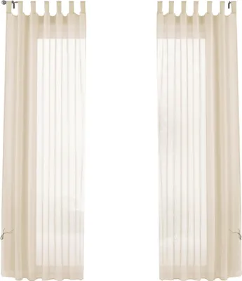 Two sheer curtains hanging against a white background.