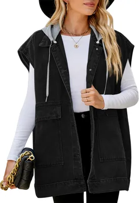 Produktbild von ASKSA Damen Jeansweste Kapuze aermellos Laessige Locker Elegante Jeansjacke Jacke Mantel, B Schwarz, L