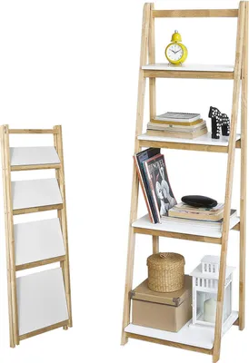 Produktbild von SoBuy Leiterregal klappbar Standregal Bücherregal mit 4 Böden Kautschukholz und MDF BHT: 42x140x34cm FRG162-N