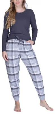 Produktbild von maluuna  Damen Schlafanzug mit Flanellhose und Bündchen  ; grau , XL