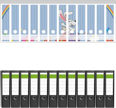 Produktbild von Wallario 12 Stück breite Ordner inkl. Klebeetiketten mit Motive Süße Hasen unter einem Regenbogen -  Set mit Rückenschildern / Ordnerrücken Stickern
