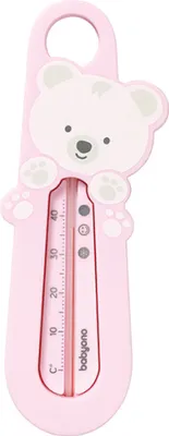 A pink baby thermometer shaped like a teddy bear.