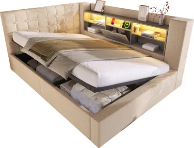 Immagine prodotto di okwish Divano letto a L 140x190 daybed con illuminazione LED e vani a giorno sulla parete posteriore, daybed per giovani con rete, beige (senza materasso)