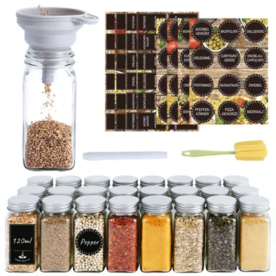 Produktbild von Gewürzgläser Eckig (24x 120ml), Gewürzdosen mit Aluminiumdeckel, Trichter, Etiketten und Stift, Gewürzstreuer Transparenter, Spice Jars, Gewürzglas