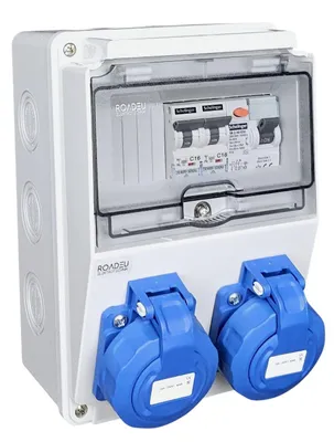Produktbild von RoadEu - Baustromverteiler IP66, Aufputz, 2x Schuko 230V 16A, FI- & LS-Schalter, vorkonfektionierter Stromverteiler für Garten & Werkstatt.