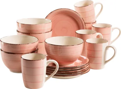 Produktbild von Mäser 931494 Lumaca Frühstück-Service für 6 Personen im Vintage Look, handbemalte Keramik, Geschirr-Set, Steingut, rosa, 18-teilig (1 Set)