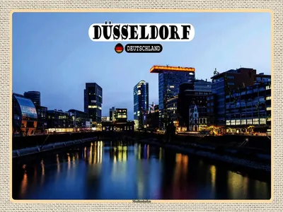 Produktbild von vianmo Holzschild 30x40 cm Düsseldorf Medienhafen Baukunst Bildmotiv Reisemotiv Abenteuer Reisen
