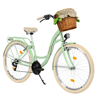 Produktbild von MILORD Damenfahrrad Citybike Komfort Mit Weidenkorb Hollandrad Fahrrad, 26 Zoll, 21-Gang, Grün-Creme