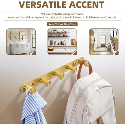 Image de Porte-serviettes mural en acier inoxydable SUS304, avec 5 crochets, finition dorée brossée, pour salle de bain