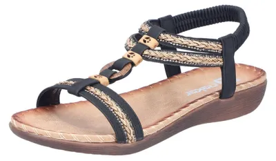 Produktbild von Rieker Damen Sandale flach mit Gummizug und T-Riemen mit Perlen V7564, Größe:41 EU, Farbe:Schwarz