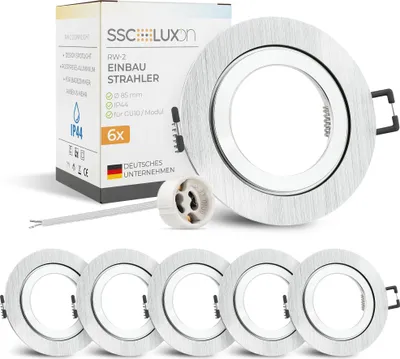 Produktbild von SSC-LUXon 6 Stück RW-2 Einbaustrahler Rahmen IP44 für GU10 oder Modul - Bad Einbauleuchte gebürstet (Lieferung ohne Leuchtmittel)