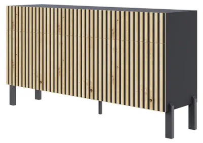 Produktbild von Selsey Telire - Sideboard 3-türig mit drei Schubladen und Lamellenfront, 154 cm – Schwarz / Eiche Artisan