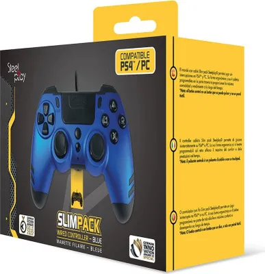 Product packaging for a blue wired controller.