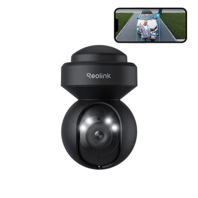 A black Reolink security camera is shown on a white background, with a smartphone displaying a live feed from the camera in the upper right corner.