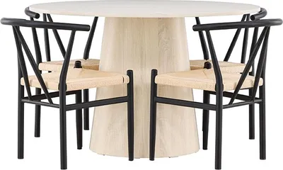 Image de Lanzo ensemble pour salle à manger table Ø120cm et 4 chaises avec accoudoirs empilables whitewash.