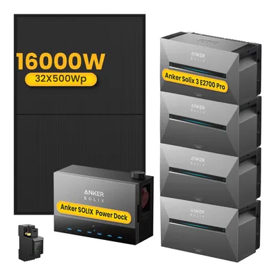 Produktbild von Anker SOLIX Power Dock Multisystem mit 4x Anker Solarbank 3 E2700 Pro & 32x 500W Solarmodule - 16 kWp Solarleistung, inkl. Anker Smart Meter 0% VAT