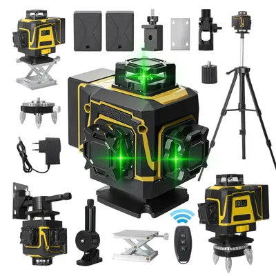 Image de Laser à lignes croisées - 4D 16 lignes 4×360° - Autonivelant ±3,5° - Laser vert - Précision ±0,3 mm/m - Sans batterie - Avec trépied et mallette en plastique