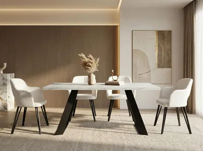 Obrázek produktu pro Jídelní stůl Colter Black v moderním stylu, obdélníkový stůl ve vzhledu bílého mramoru - rozkládací od 160 cm do 260 cm, kovové nohy potažené práškovou barvou - 160 x 80 cm - mramor bílý