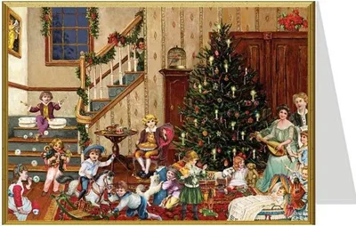 Produktbild von Weihnachtskarte Wohnzimmer mit goldenem Rahmen und festlicher Szene