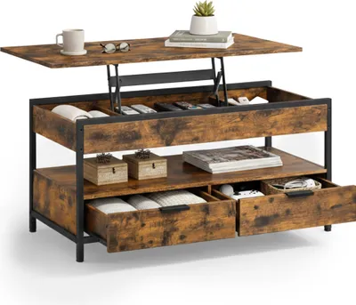 Produktbild von Relaxdays Couchtisch, aufklappbar, 2 Schubladen, 4 Fächer, HBT 48–63 x 100 x 50 cm, Industrial Sofatisch, braun/ schwarz