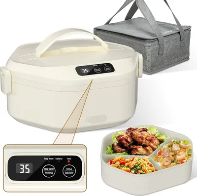 Produktbild von Kabellose elektrische Lunchbox, 1 l beheizte Lunchbox, 16000 mAh Akkubetrieben, schnelles Aufheizen, 3-Fach-Tablett, geeignet für Büro, Camping