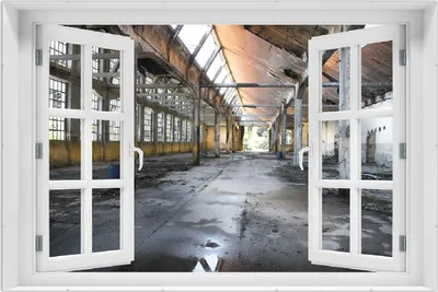 Produktbild von Wallario Wandbild mit Fenster-Illusion: Alte Industriehalle  leerstehend und einsam, Größe: 61 x 91,5 cm, Poster mit rahmenlosen Bildhalter
