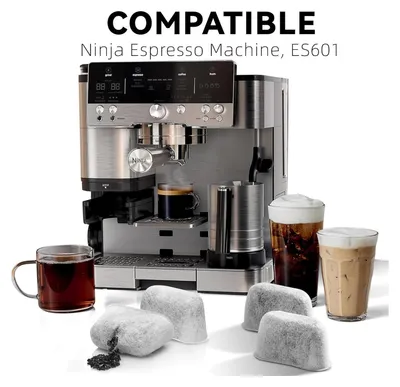 A coffee machine with accessories and drinks, presented on a white background with text overlay.