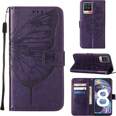 Produktbild von OPPO Realme 8 Hülle, Schmetterling Prägung Flip Leder Kartenfächer Schutzhülle Ledertasche mit Ständer für OPPO Realme 8 / Realme 8 Pro Lila