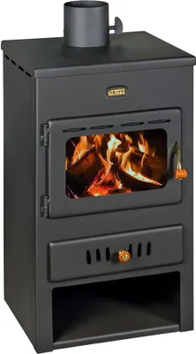 A black wood-burning stove with a glass door showing flames and logs inside.