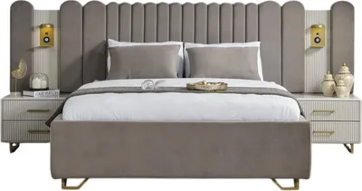 Produktbild von Bett Gold Line Holzwerkstoff Stoff Beige Gold, Liegefläche:180x200 + 2 Nachttische