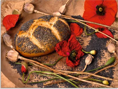 Produktbild von ARTland Glasbild Mohnbrot mit Mohnblumen dekoriert Größe: 60x45 cm
