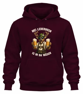Productafbeelding van Mei Lederhosn traditioneel shirt met lederhosen print, hoodie, capuchontrui, bordeauxrood, maat XL