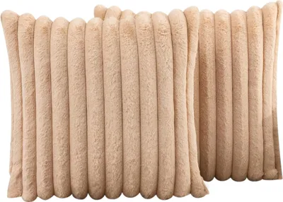 Produktbild von OKWISH Kissenbezüge 2er Set, Kissenhülle Samt, Schlichter Kissenbezug, Gestreifter Kissenbezug mit Reißverschluss, Kissenbezug modern skandinavisch, Hellbraun 45*45cm