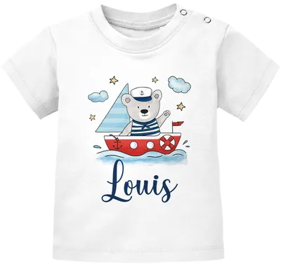 Produktbild von Baby T-Shirt mit Name Bär Boot Segelboot Aufdruck Motiv personalisierte Geschenke Junge Mädchen kurzarm Baumwolle SpecialMe® weiß 68/74 (4-9 Monate)