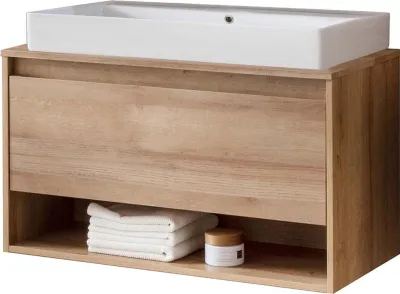 Produktbild von FACKELMANN NATURA Badmöbel Set 2 Teile / Keramik Waschbecken / Waschbeckenunterschrank mit Schublade / hochwertiger Badschrank mit Soft-Close-System / Korpus & Front: Braun / Breite: 94 cm