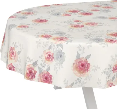 Produktbild von Tischdecke Floral Rosen Beige Rosa Oval 240x140cm Schnittkante Wachstuch abwaschbar