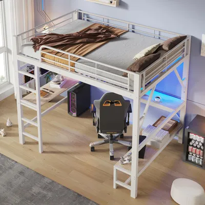 Imagen del producto de Cama nido de 160x200 cm con escalera y panel perforado, cama alta con escritorio y barandilla, cama juvenil con luces LED y toma de corriente, color blanco, metal
