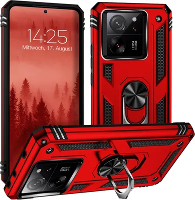 A collage of a red phone case with a ring holder, showing different angles and the phone screen.