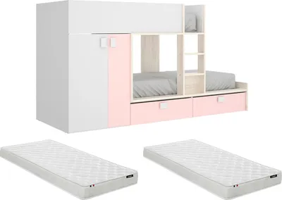 Produktbild von Etagenbett - 2 × 90 × 190 cm - Einbauschrank - weiß, natur und rosa - komplett mit Matratzen - JUANITO