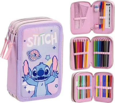 A collage of a Disney Stitch pencil case and its contents.