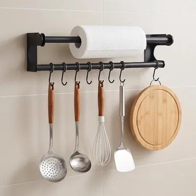 Obrázek produktu pro Kuchyňská tyč 40 cm - černá - s 8 háčky - flexibilní organizér pro kuchyňské náčiní