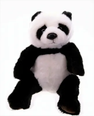 A plush panda toy is sitting against a white background.