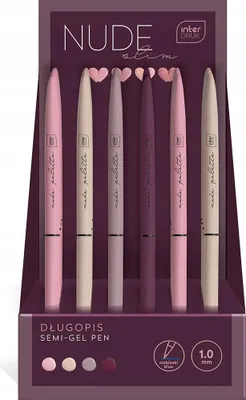 A display box containing six semi-gel pens in various nude shades.