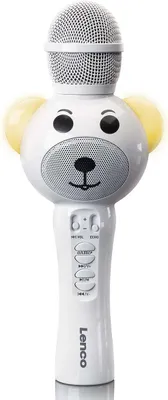 A white karaoke microphone shaped like a bear's head with yellow ears.