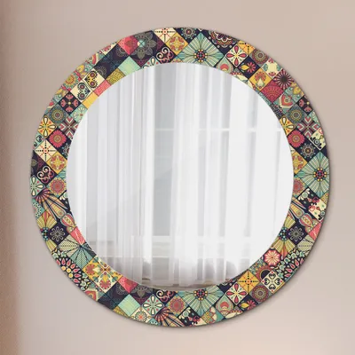 Produktbild von Wohnzimmer Spiegel - Mirror zum Wandspiegel Schlafzimmer – Schminkspiegel - Ethnisch Geblümt - Rund: Ø60 cm