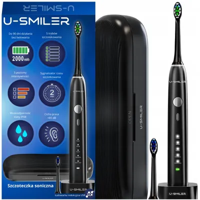 Obrázek produktu pro Elektrický zubní kartáček U-SMILER Sonic IPX8, 5 režimů, 2 nástavce, bezdrátový, cestovní pouzdro, ultrazvuková péče o zuby, výkonná baterie, nabíjení přes USB