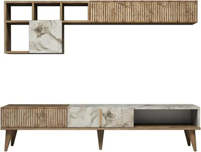 Immagine prodotto di Dmora Parete Attrezzata Ostro 35x180x40h cm Marrone Noce, 10 Vani Apertura Battente e a Ribalta