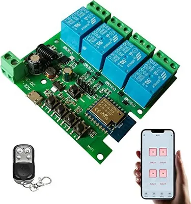 Produktbild von WiFi-Relaismodul 4 Kanal Smart Switch, momentaner/selbstsperr-/sperren Tuya/Smart Life App, DIY Garagentür, kompatibler Alexa Google Assistant