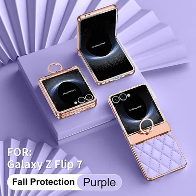 Produktbild von Handyhülle für Samsung zflip7,  Lederstruktur, Faltbar, Stoßfest, Kratzfest, Mit Strass Elektrobeschichtung, Lila